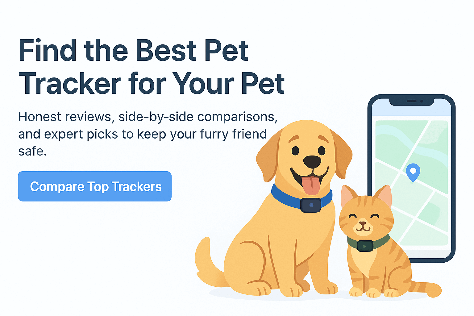 Happy dog and cat wearing smart GPS collars with smartphone showing location map